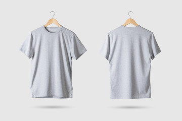 Grey T-Shirt Mock-up on wooden hanger, front and rear side view. 3D Rendering.