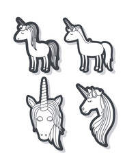 white background with monochrome set of unicorns body and faces vector illustration