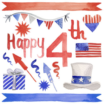 Watercolor illustration of decoration set for Independence day, July 4th holiday celebration invitation 