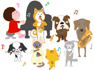 猫と犬のコンサート。子供とペットが歌ったり、楽器を演奏したりしている。