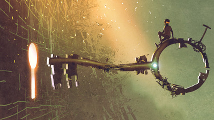 boy sitting on the big key moving towards the keyhole with light glowing inside, digital art style, illustration painting © grandfailure