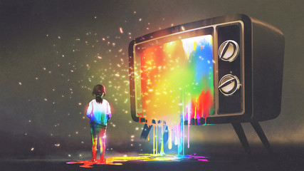 Obraz premium girl messed with colorful light from the big television, rainbow paint drops from retro TV, digital art style, illustration painting