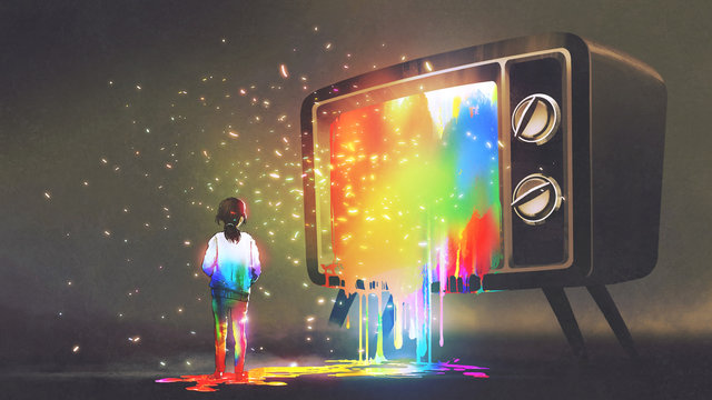 girl messed with colorful light from the big television, rainbow paint drops from retro TV, digital art style, illustration painting