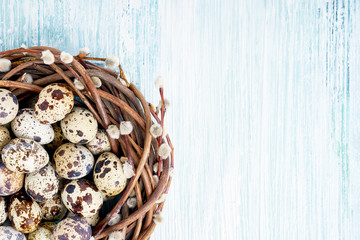 Easter willow wreath and quail Easter eggs on light  blue background. Top view, copy space