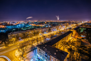 Night Voronezh aerial cityscape from rooftop. Moscow prospect