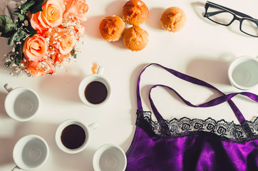 glasses for sight. silk and lace. Underwear. bouquet of roses. hot espresso. morning