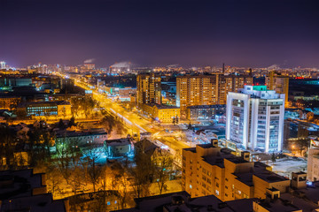 Obraz premium Night Voronezh aerial cityscape from rooftop. Modern buildings in Moscow prospect