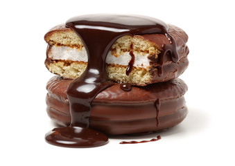 chocolate cake on white background.
