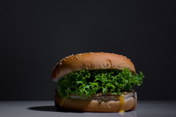 Hamburger on darktone background,Hamburgers focus on healthy vegetables
