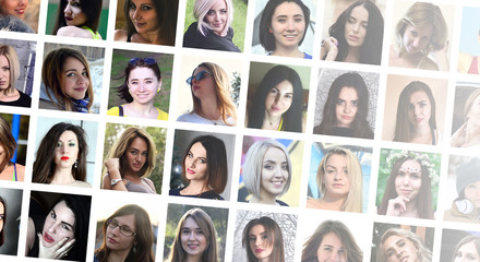 Collage group portraits of young caucasian girls for social media network. Set of square female...