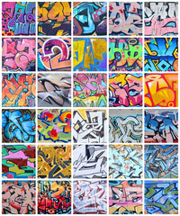 A set of many small fragments of graffiti drawings. Street art abstract background collage - obrazy, fototapety, plakaty