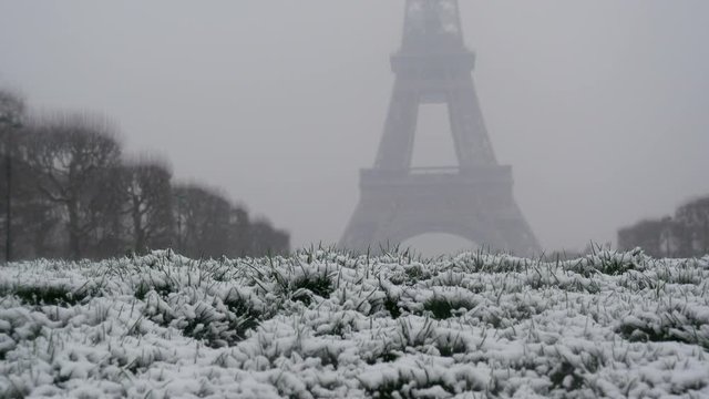 Snowy day in Paris, France