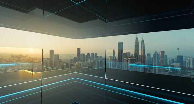 3D rendering of a modern glass balcony with kuala lumpur city skyline real photography background , night scene .Mixed media .