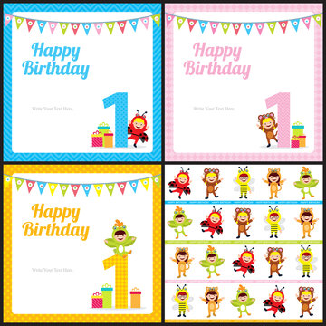 birthday card invitation with kids in animal costume