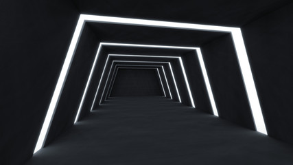 3D Render abstract and futuristic dark room empty space with glowing stripes light .