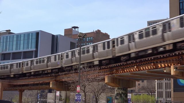 An El train passes through downtown Chicago, Illinois.