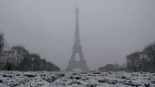 Snowy day in Paris, France