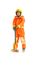 Firefighter in uniform and safety helmet standing holding axe full body length