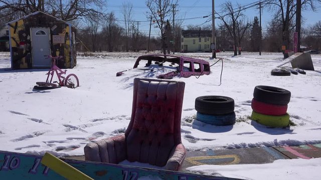Abandoned items in the snow in a ghetto section of downtown Detroit, Michigan.