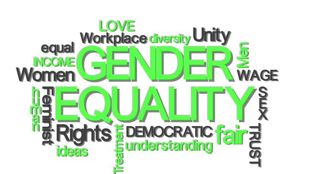 Gender equality typography word cloud with relevant buzzwords green