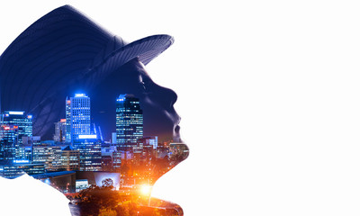 Silhouette of boy on white. Mixed media