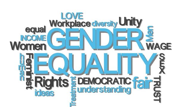 Gender equality typography word cloud with relevant buzzwords blue