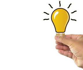 Man hand holding stack of money coins with light bulb ideas on top isolated on white background, concept of financial planning