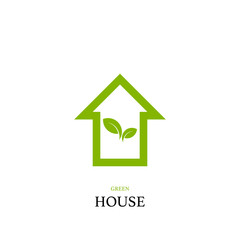 Green house concept with home and green leaf logo, vector design element