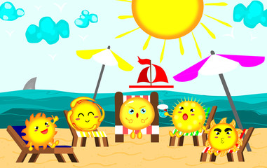 Cute sun sunbathing at Beautiful beach,relaxing time,summer concept,vector