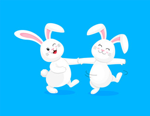 White rabbit dancing. Cute bunny,  Happy Easter day, cartoon character design. Illustration isolated on blue background.