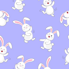White rabbit dancing seamless pattern. Cute bunny,  Happy Easter day, cartoon character design. Illustration isolated on blue background.