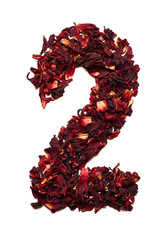 Number 2 from dried flowers of hibiscus tea on a white background. Number for banners, advertisements