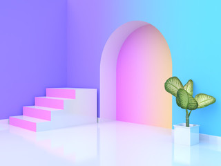 tree pot abstract pink white staircase-stairway violet-purple blue yellow pink gradient wall-room 3d rendering