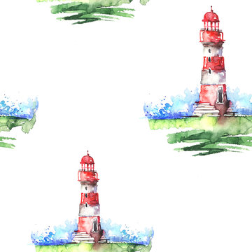 Seamless watercolor vintage background, with a picture of a lighthouse, sea landscape, breeze, waves. Retro style.  Red, blue, green splash of paint.Material, wallpaper, textiles with art illustration
