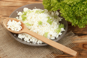 Crumbly cottage cheese with lettuce salad