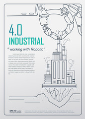 Industrial 4.0 with Robot concept, Robotic hand holding factory company and working in industry. vector design for poster, Annual report, book cover template.