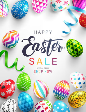 Easter Day Sale banner background template with Colorful Painted Easter Eggs and space for your text.Vector illustration EPS10