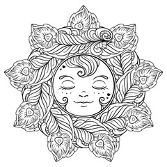 Ornamental sun coloring page.