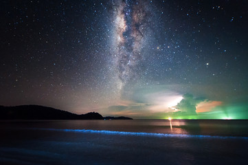 milky way rise above sea. Image contain soft focus, blur and noise due to long expose and high iso.