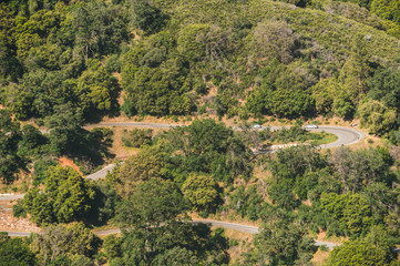 Aerial view of the picturesque green forest and winding road in Sequoia National Park, California, USA