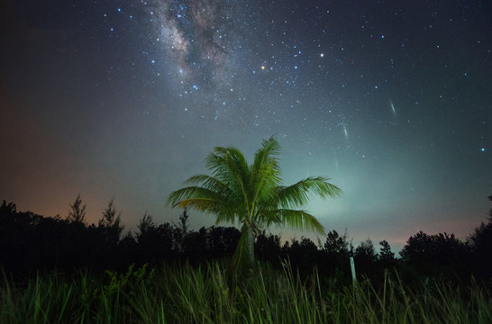 Bright milky way and light pillars during clear night sky for background. image contain soft focus, blur and noise due to long expose and high iso.