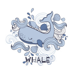 Cute Whale cartoon vector illustration print in white background.