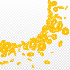 European Union Euro coins falling. Scattered floating EUR coins on transparent background. Flawless big radiant left top corner vector illustration. Jackpot or success concept.