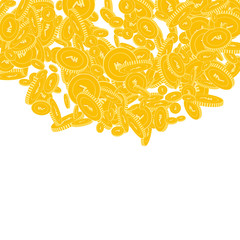 Indian rupee coins falling. Scattered floating INR coins on white background. Pleasing top semicircle square vector illustration. Jackpot or success concept.