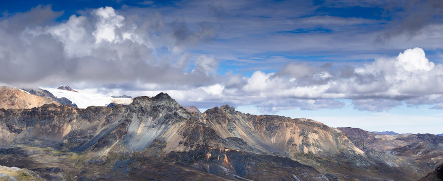 panorama view of the southern Cordillera Blanca and Nevado Pastoruri in the Andes in Peru