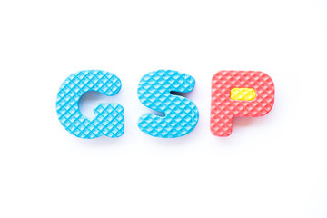 Color toy foam alphabet in word GSP (Abbreviation of Good Storage Practice or Generalized System of Preferences or Gross State Product) on white background