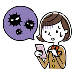 女子学生：スマートフォン、ウイルス、感染
