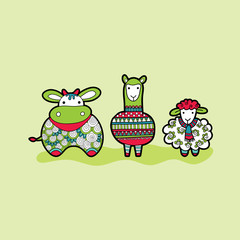 Cute group of farm animal friends for newborn or birthday celebrations, invitations and parties on lime green background