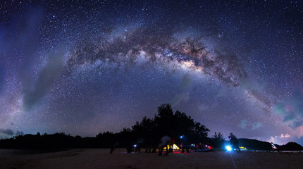 Stitched Panorama of Bright milky way during clear night sky for background. image contain soft...