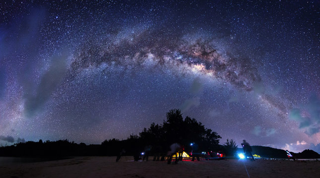 Stitched Panorama of Bright milky way during clear night sky for background. image contain soft focus, blur and noise due to long expose and high iso.